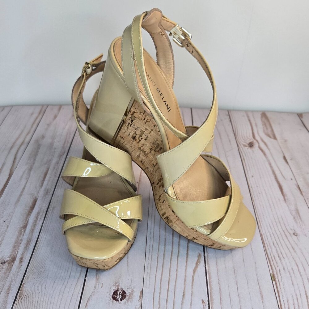 Antonio Melani Patent Leather Cork Wedge Sandals Beige Women's Size 8